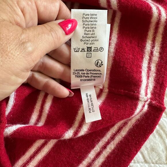 Lacoste Women's Long Sleeve V-neck Striped Sweater Merino Wool Red Cream Size M - Picture 10 of 12